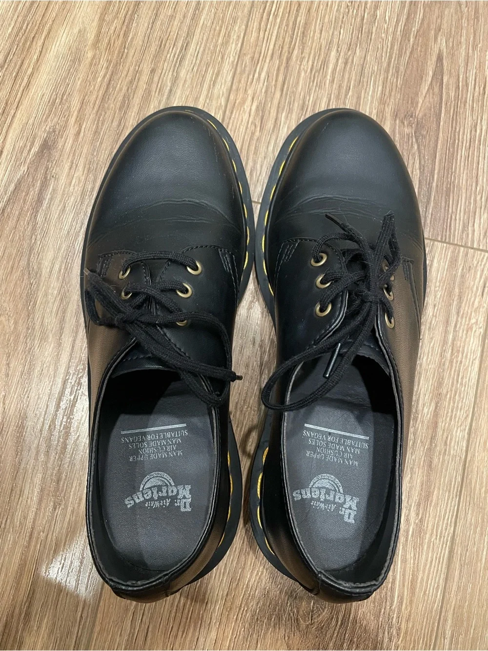 Dr. Martens Black Leather Lace-Up Oxfords with Yellow Stitching